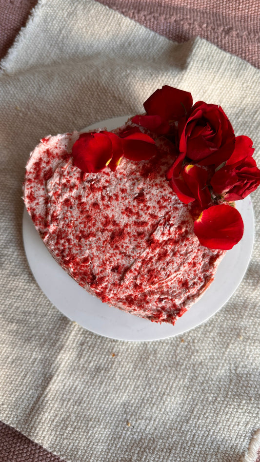 Gluten-free, vegan, Strawberries + Cream heart cake